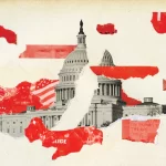 Collage with U.S. Capital building, overlaid with scraps of red paper, on an off-white background